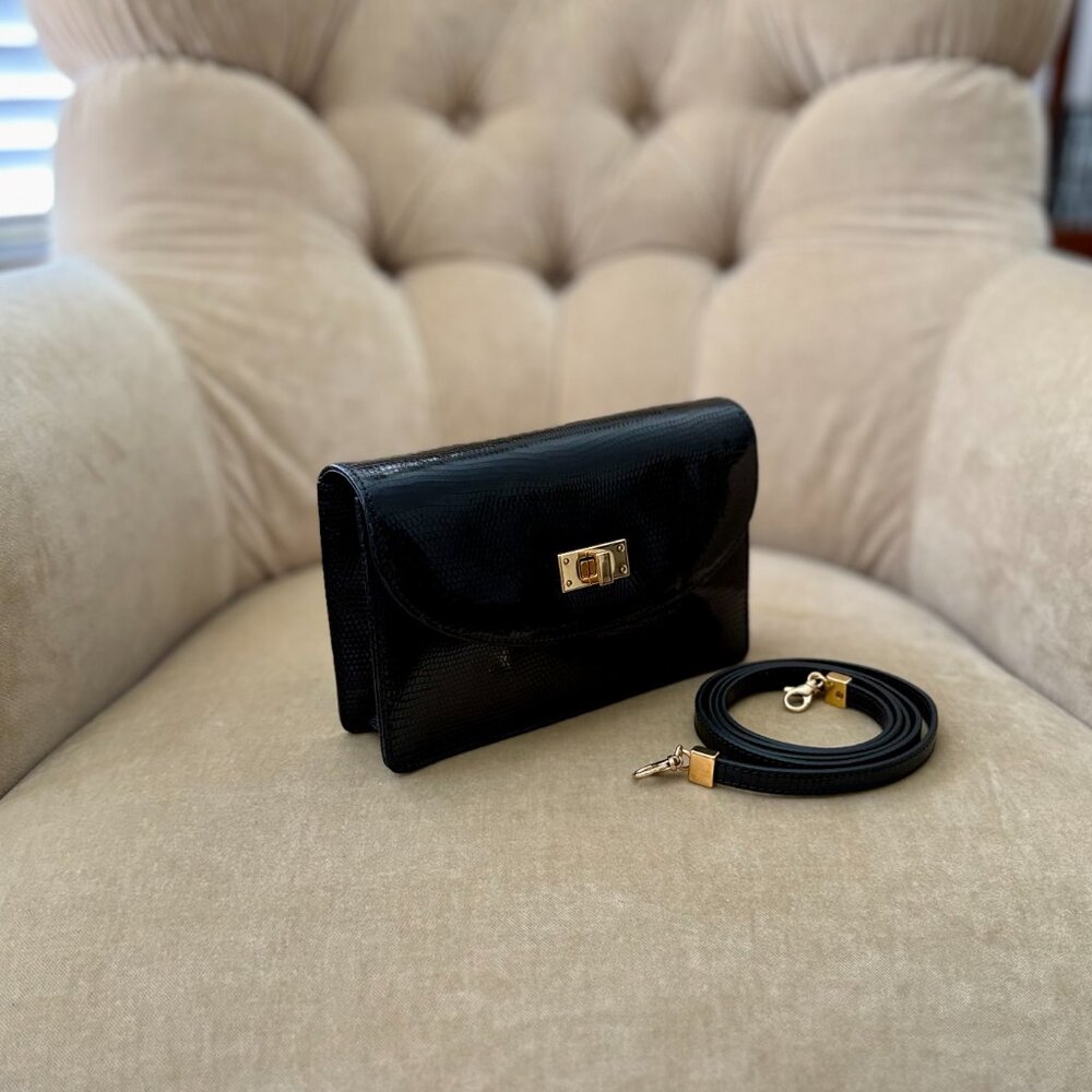 Auth. SUAREZ Italy Genuine Karung Lizard Black MINAUDIÈRE Bag - Picture 2 of 6